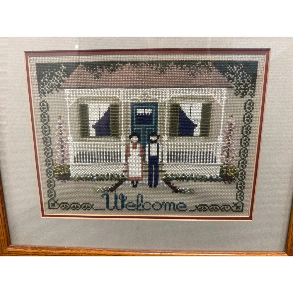 Vintage Amish Folk Art Framed Cross Stitch Set Welcome & The Auction Quilt Theme